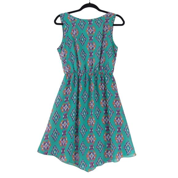 Womens Medium Flowy Dress Green Tribal Pattern Sleeveless Scoop Neck Espresso - Picture 2 of 9